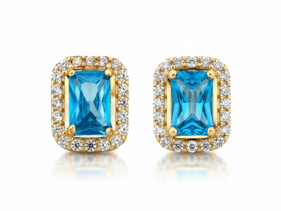 Kolczyki złote prostokątne z niebieskim oczkiem