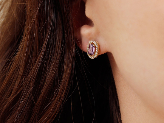 Kolczyki złote markiza z fioletowym oczkiem na sztyfcie