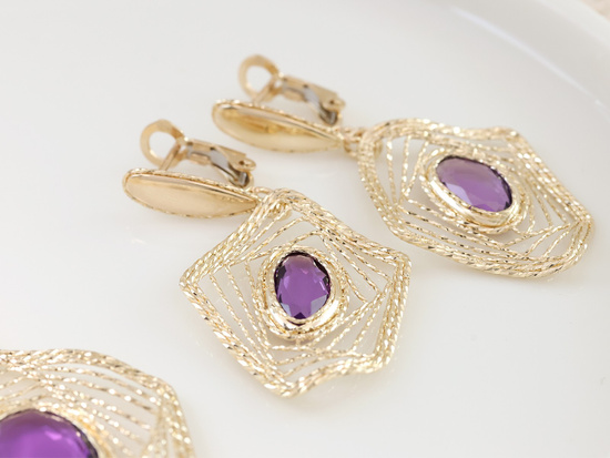 Kolczyki złote duże wiszące ażurowe z ametystem