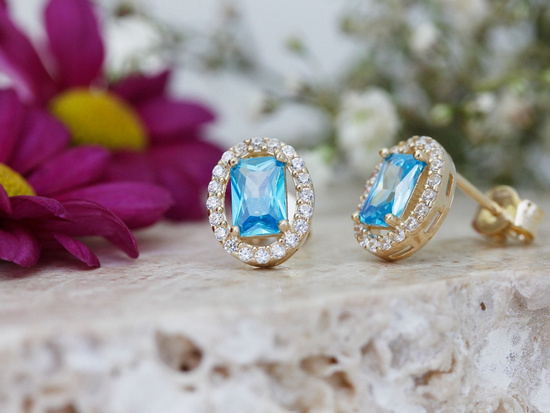 Kolczyki złote markiza na sztyfcie z niebieskim oczkiem