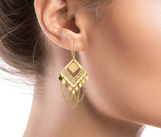 Złote kolczyki 585 - wiszące ażurowe z łańcuszkami