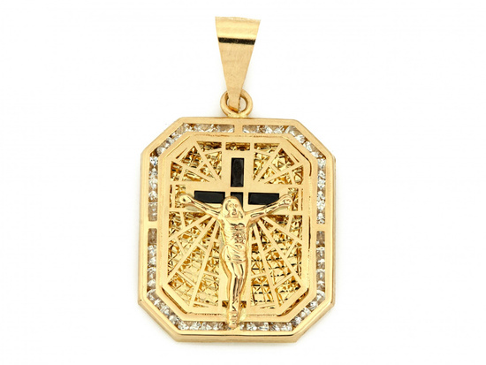Zawieszka złota duży medalik z krzyżykiem z cyrkoniami z czarnymi kamieniami