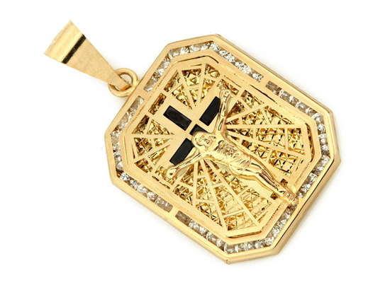 Zawieszka złota duży medalik z krzyżykiem z cyrkoniami z czarnymi kamieniami