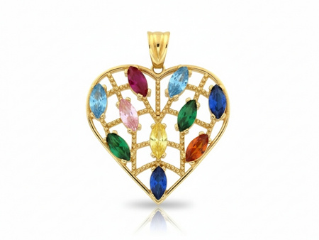 Zawieszka złota ażurowe serce z kolorowymi cyrkoniami