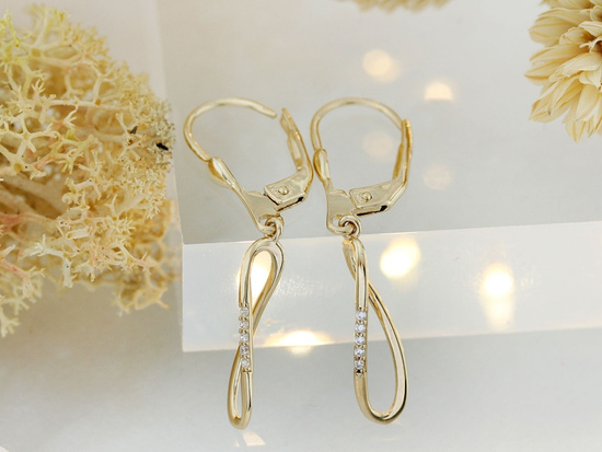 Kolczyki złote wiszące delikatne zdobione cyrkoniami