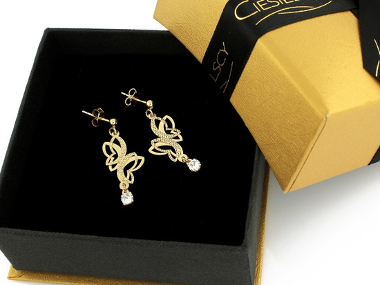 Złote kolczyki długie na sztyfcie oryginalne błyszczące sztywne