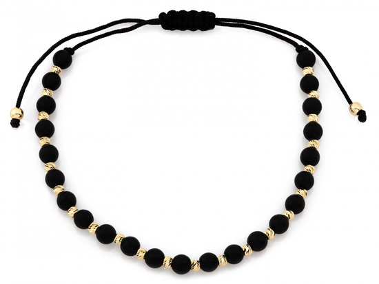 Bransoletka złote kulki i czarne koraliki na sznurku