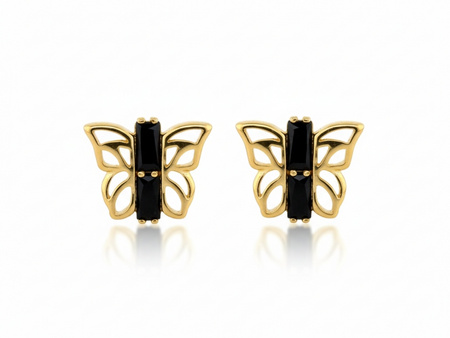 Kolczyki złote na sztyfcie z motylkiem z czarnymi kamieniami