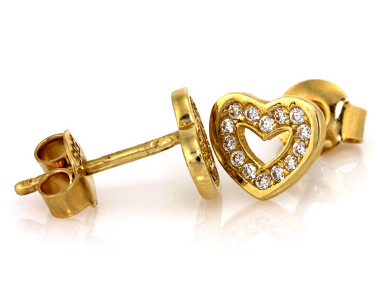 Złote kolczyki serduszka z cyrkoniami sztyfty