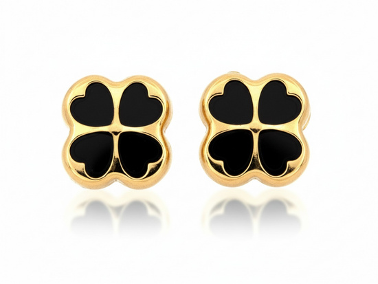 Złote kolczyki koniczynki na sztyfcie z czarną emalią
