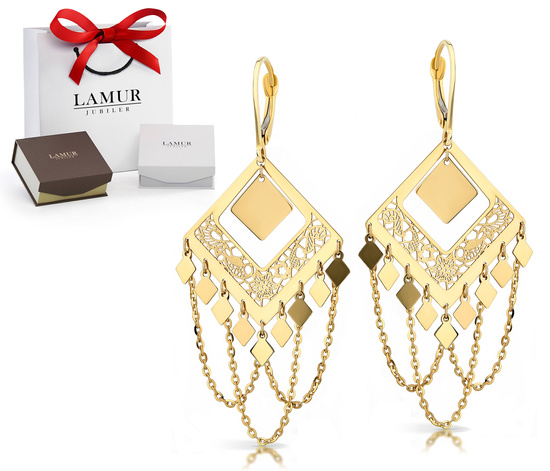 Złote kolczyki 585 - wiszące ażurowe z łańcuszkami