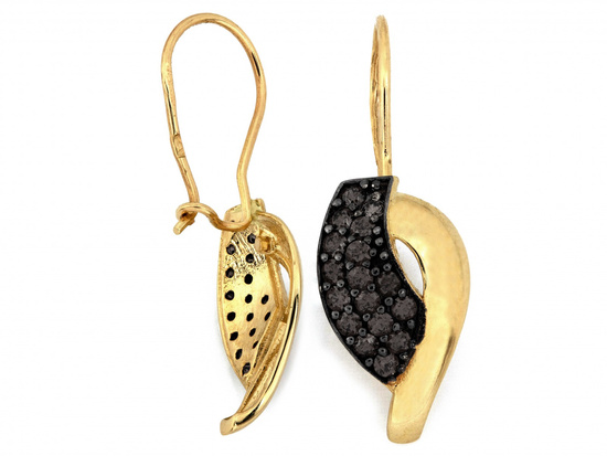 Kolczyki złote na biglu z czarnymi cyrkoniami z czarnym rodem