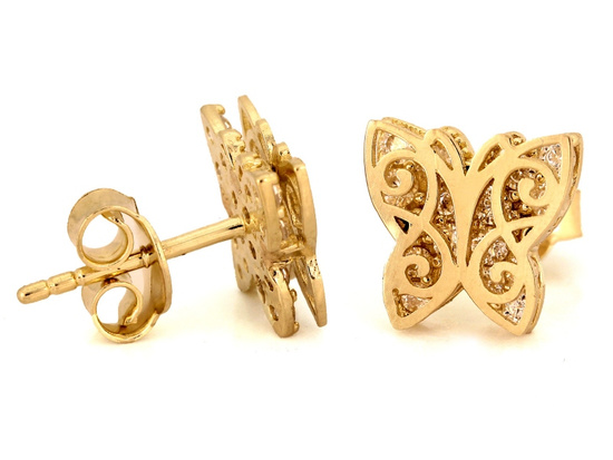 Złote kolczyki motylek na sztyfcie ażurowy przestrzenny