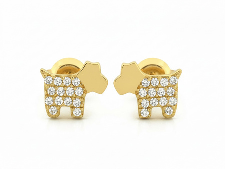 Kolczyki złote na sztyfcie piesek z cyrkoniami