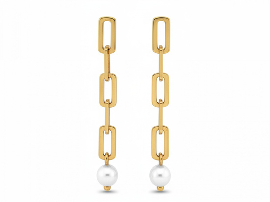 Kolczyki złote wiszące z perłą na sztyfcie