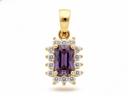 Zawieszka złota prostokątna z cyrkoniami i fioletowym oczkiem