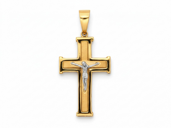 Złota zawieszka krzyżyk z Jezusem rodowany białym złotem