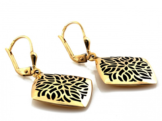 Kolczyki złote wiszące kwadraty z czarną emalią