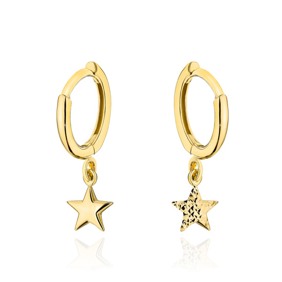 Złote kolczyki 585 kółeczka z diamentowanymi gwiazdkami
