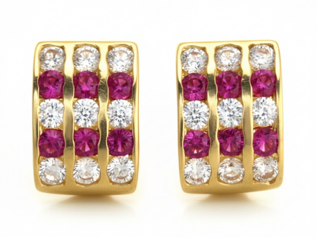 Kolczyki złote trzyrzędowe przecinki z różowymi kamieniami