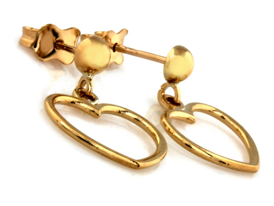 Kolczyki złote na sztyfcie z wiszącym sercem 