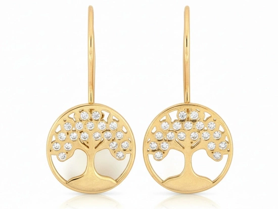 Kolczyki złote na biglu z drzewkiem szczęścia z cyrkoniami
