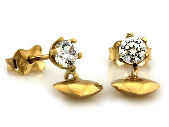 Kolczyki złote na sztyfcie z cyrkonią i małym wiszacym sercem