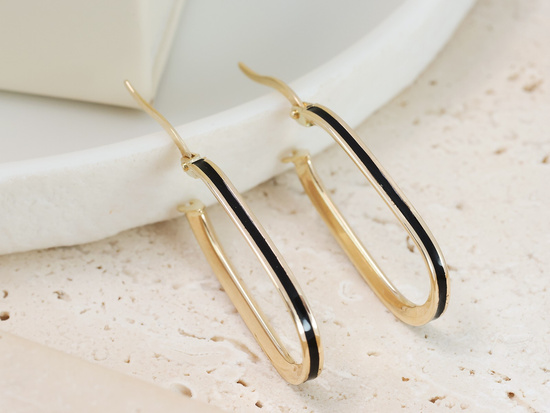 Kolczyki złote modne owalne nowoczesne angielskie z czarną emalią