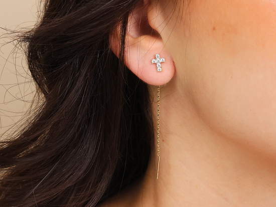 Kolczyki złote przeciągane krzyżyk z cyrkoniami