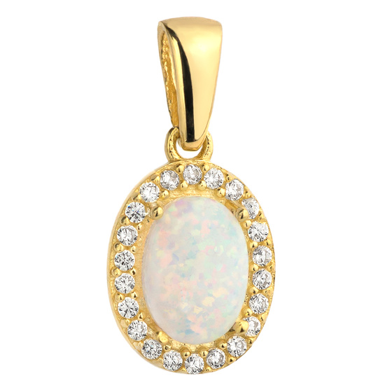 Złota zawieszka 585 - owalna z opalem i cyrkoniami