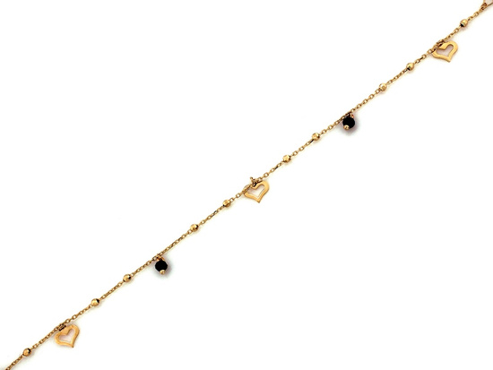 Złota bransoletka delikatna łańcuszkowa z sercami i czarnymi kamieniami