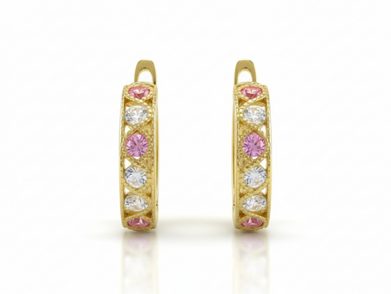 Kolczyki złote dla dziewczynki z różowymi cyrkoniami