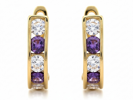 Złote kolczyki przecinki z fioletowymi cyrkoniami
