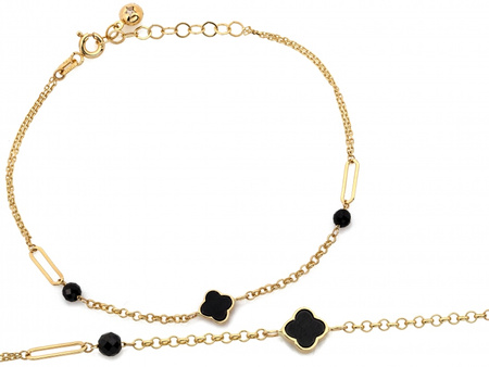 Złota bransoletka modna oryginalna kulki z onyksów czarna koniczynka