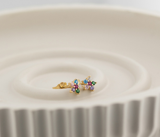 Złote kolczyki 585 z kolorowymi cyrkoniami - kwiatki