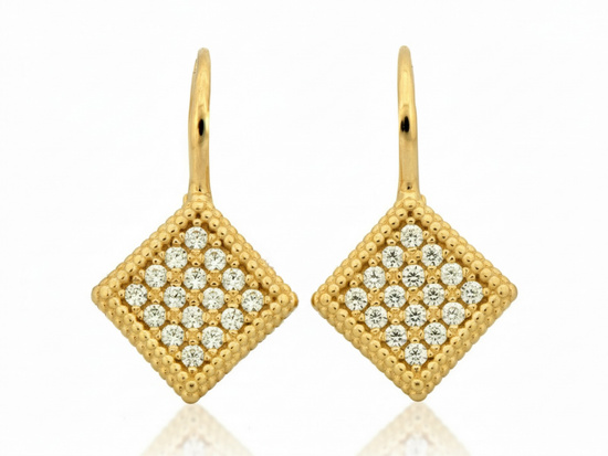 Kolczyki złote kwadraty z cyrkoniami angielskie zapięcie