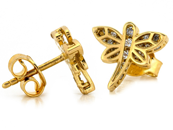 Złote kolczyki ażurowa ważka z cyrkoniami na sztyfcie