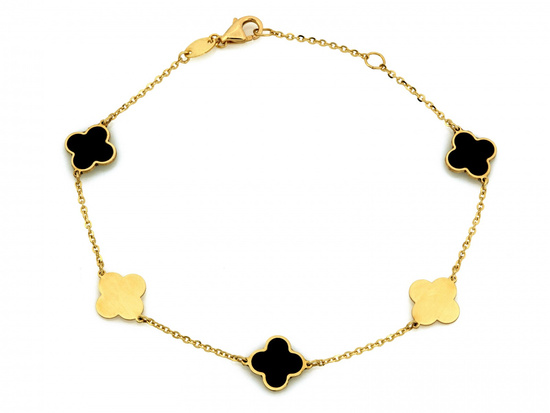 Bransoletka złota łańcuszkowa z kwiatkami z czarną emalią
