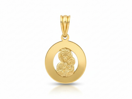 Złota zawieszka okrągły medalik Matka Boska Częstochowska