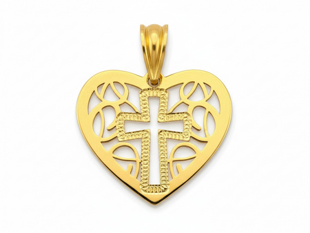 Zawieszka złota ażurowe serce z krzyżykiem medalik
