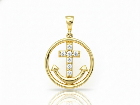Złota zawieszka okrągła symbol kotwica krzyżyk