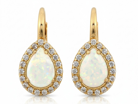 Kolczyki złote krople z opalem i cyrkoniami
