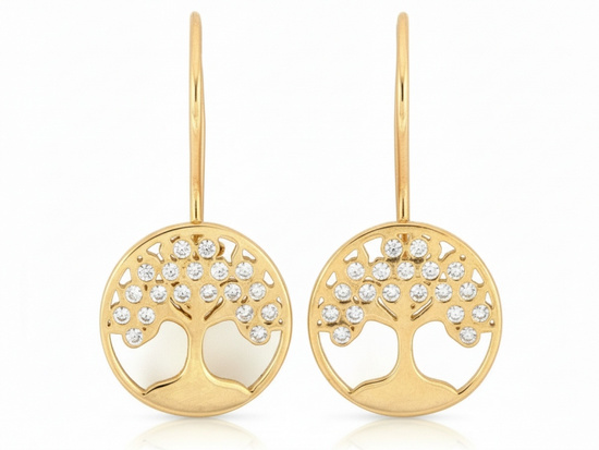 Kolczyki złote na biglu z drzewkiem szczęścia z cyrkoniami