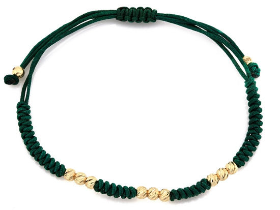 Bransoletka złote kulki na zielonym sznurku