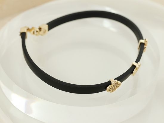 Bransoletka złota kwiatki z cyrkoniami na czarnym pasku