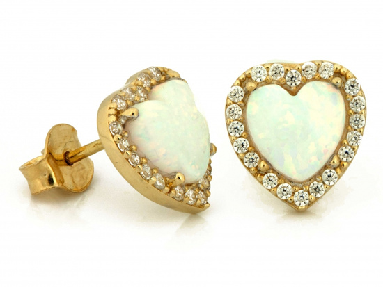 Kolczyki złote serca przy uchu z opalem