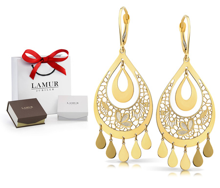 Złote kolczyki 585 - wiszące ażurowe z kwiatowym wzorem