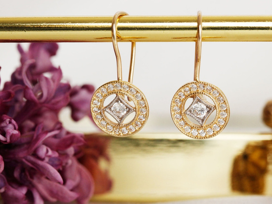 Kolczyki złote na biglu delikatne okrągłe z cyrkoniami