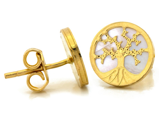 Kolczyki złote drzewko szczęścia z masą perłową na sztyfcie