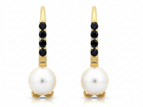 Złote kolczyki angielskie z perłą i czarnymi cyrkoniami